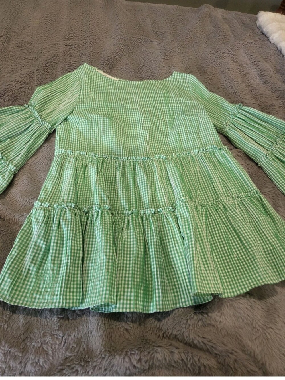 Green Gingham Tiered Peasant Blouse